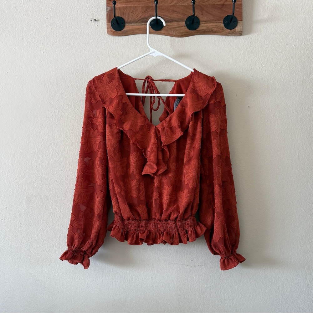 Anthropologie Rust Orange Floral Burnout Ruffle Blouse Open Back V Neck size S
